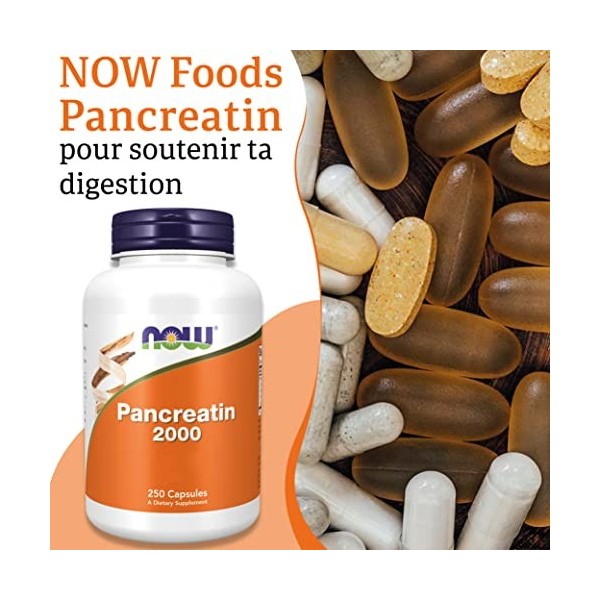 Now Foods, Pancreatin 2000, 200 mg, 250 Capsules, Testé en Laboratoire, Mélange dEnzymes, Sans Gluten, Sans Soja, sans OGM