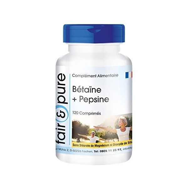 Fair & Pure® - Bétaïne + Pepsine - 120 comprimés Fair & Pure - Fabrication de qualité allemande - 650 mg de chlorhydrate de b