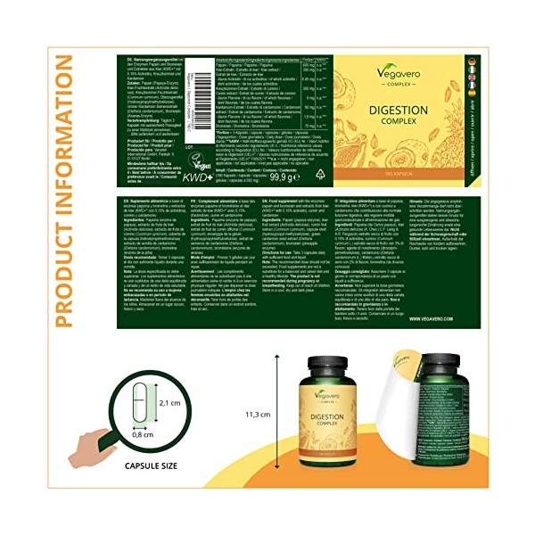 Papaïne Complex Vegavero | 180 Gélules | 100% NATUREL | Digestion Difficile | Digestie Enzymes Bromélaïne + Papaïne + Actini