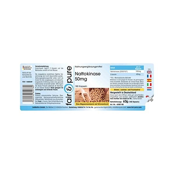 Fair & Pure® - Nattokinase 50mg - 2000 FU par prise quotidienne - 180 gélules pendant 3 mois