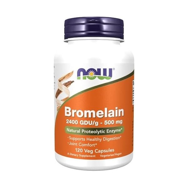 Now Foods, Bromélaïne, 2.400GDU/g, 500mg, 120 Capsules végétaliennes, Testé en Laboratoire, Sans Soja, Sans Gluten, Végétarie