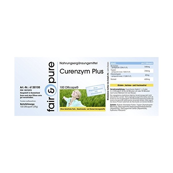 Fair & Pure® - Curenzym Plus - complexe enzymatique à libération retardée - 100 DRCaps - avec bromélaïne - trypsine - chymotr