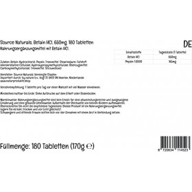 PremiumVital, Source Naturals, Betaine HCl Chlorhydrate de Bétaïne , 650mg, 180 Comprimés, avec Pilulier Pratique, Testé en 