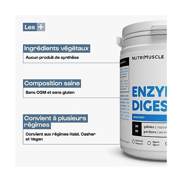 Enzymes digestives Digezyme® | Favorise digestion - Assimilation des nutriments - Origine végétale sans OGM | Nutrimuscle -