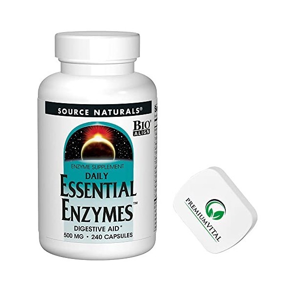 PremiumVital, Source Naturals, Daily Essential Enzymes, Enzymes Digestives, 240 Capsules végétaliennes, avec Pilulier Pratiqu