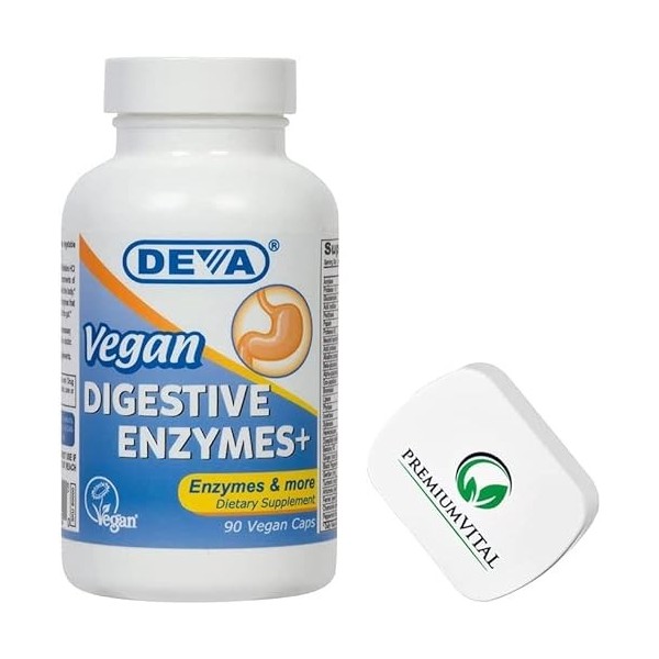 PremiumVital, Deva, Vegan Digestive Support Enzymes Digestives , 90 Capsules végétaliennes, avec Pilulier Pratique, Sans Soj