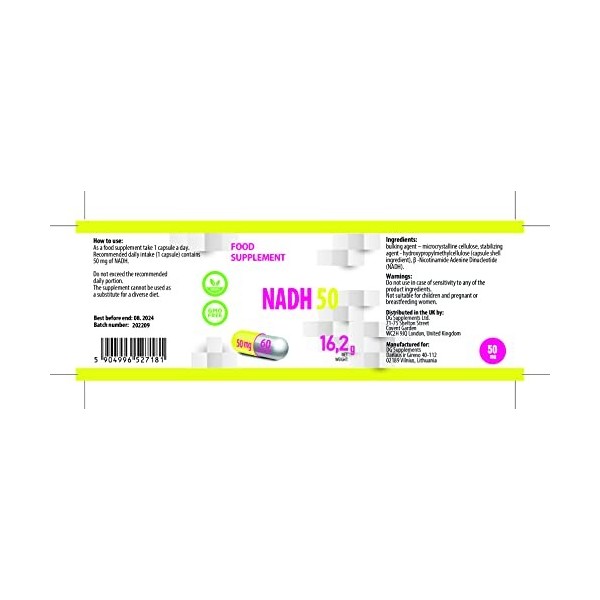 Hepatica NADH 50mg 60 gélules végétales, Testé par un Laboratoire tiers, sans gluten ni OGM