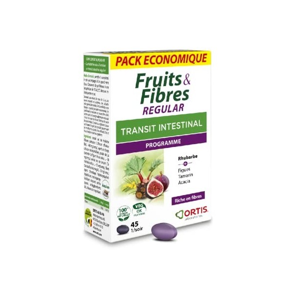 Ortis - Fruits & Fibres Regular Pack Economique 45 Comprimés - Complément Alimentaire pour Favoriser le Transit Intestinal - 
