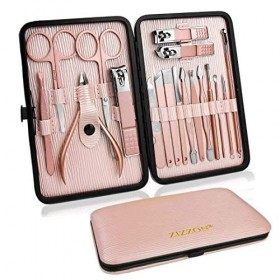 ZIZZON Set de manucure 18 en 1 Set de pédicure professionnel Ciseaux à ongles Kit de toilettage avec étui de voyage en cuir r