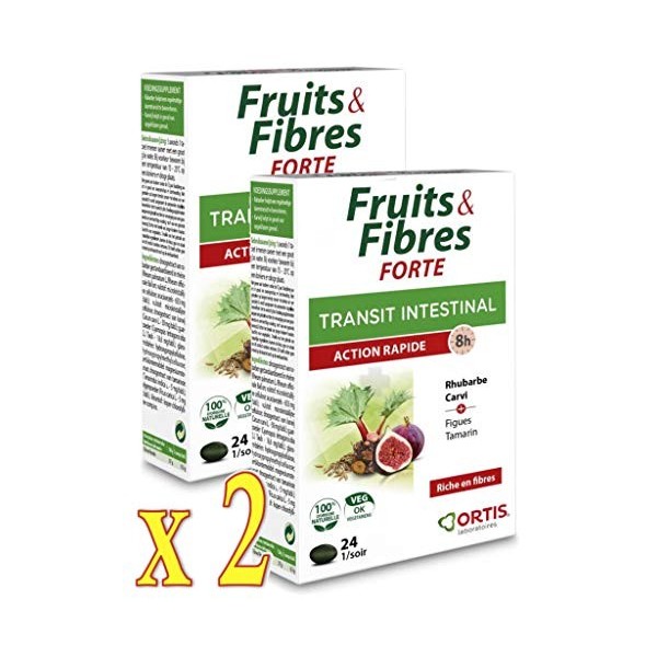 ORTIS Fruits & Fibres FORTE Transit Intestinal - Action RAPIDE 8h - Complément Alimentaire 24 Comprimés - Lot de 2 Boites 2 