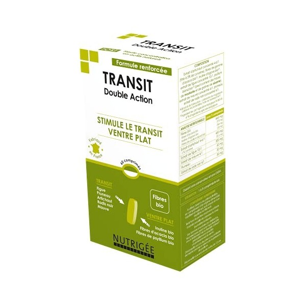 TRANSIT DOUBLE ACTION • TRANSIT et VENTRE PLAT • HAUTE CONCENTRATION EN ACTIFS NATURELS • Formule Renforcée • 60 comprimés • 