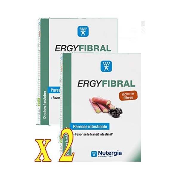 ERGYFIBRAL Cubes à mâcher à base de fruits et plantes riches en fibres et magnésium.- Nutergia - Lot de 2 Boites de 12 Cubes 