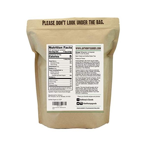 Anthonys Acacia Sénégal en poudre biologique, 1 lb, testé en lot sans gluten, sans OGM, fibre soluble, prébiotique