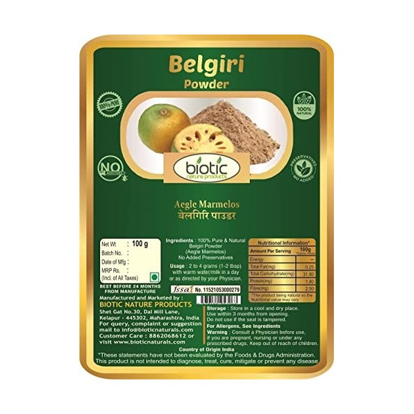 CROW Biotic Natural Belgique Powder - Aegle Marmelos - Bealgiri Powder - Bael Phal - Poudre sèche - Bel Powder - Pomme bois -