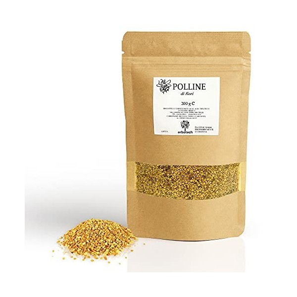 ERBOTECH Pollen dAbeille 200 g, Multivitamines à haute teneur en Vitamines, Fer, Zinc et Magnésium, 100% pur de haute qualit