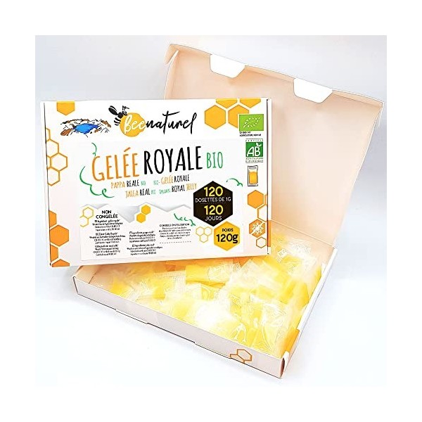 Beenaturel | gelée royale bio 120g | 100% naturelle | Boîte de 120 dosettes de 1 gramme de gelee royal | Programme 4 mois | 1