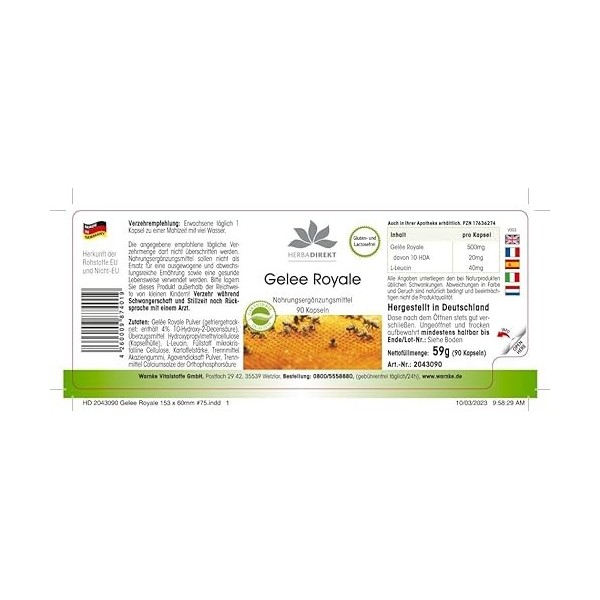 Gelée Royale 2000 mg - Extrait 4:1 500 mg - 90 gélules | HERBADIREKT by Warnke Vitalstoffe