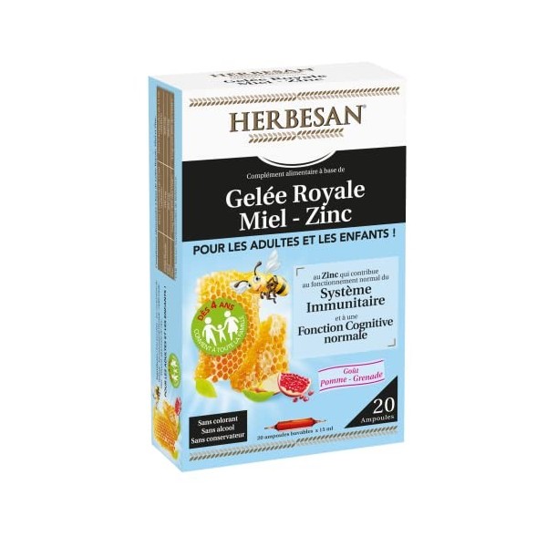 HERBESAN®- GELEE ROYALE 400MG, MIEL et ZINC- Défenses immunitaire- Convient aux enfants - 20 ampoules de 15ml