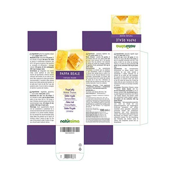 Gelée royale Royal jelly Teinture Mère sans alcool Naturalma | Extrait liquide gouttes 100 ml | Complément alimentaire