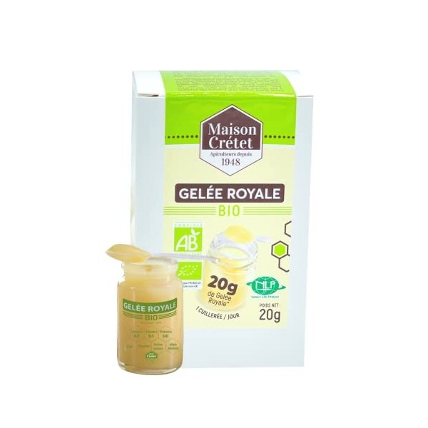 Maison Crétet | Gelée Royale Bio 20 grammes | Nature life Protect | Pot verre et cuillère doseuse, conditionné en boite prote