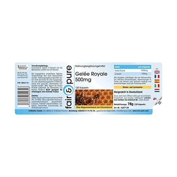 Fair & Pure® - Gelée Royale 500 mg - 120 gélules - Standardisée à 4% de 10-HDA - Lyophilisée en douceur