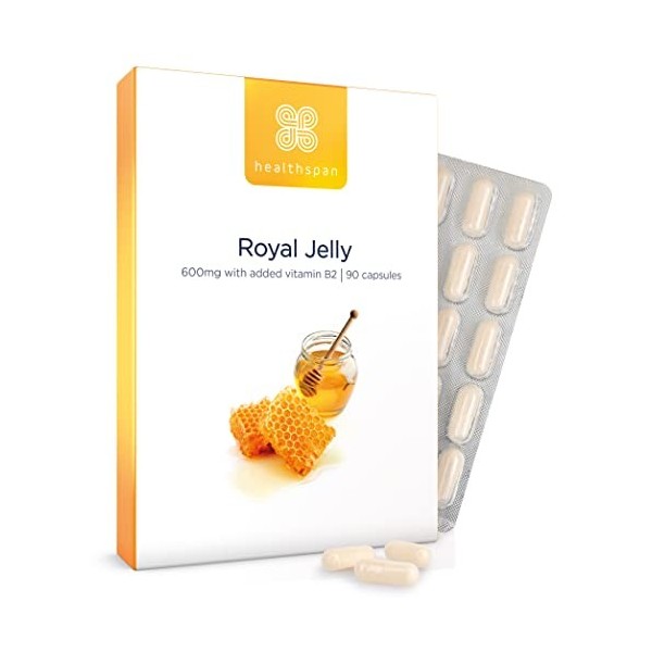 Gelée royale 600 mg de Healthspan | 90 gélules | Ajout de vitamine B2 | Réduction de lépuisement et de la fatigue | Minimum 