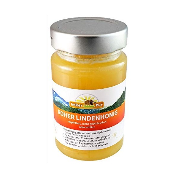 Le miel de tilleul brut dImkerPur, non filtré, non centrifugé ou chauffé, contient du pollen de fleurs, de la cire dabeille