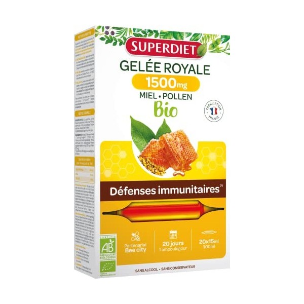 SUPERDIET-GELÉE ROYALE 1500MG BIO- Gelée royale, miel,pollen-Défenses immunitaires-Fabrication française-20 ampoules de 15ml