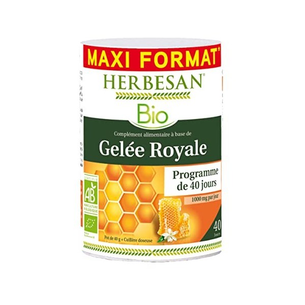 HERBESAN® - GÉLÉE ROYALE BIO - Défenses immunitaires -Pot 40g avec cuillère doseuse.