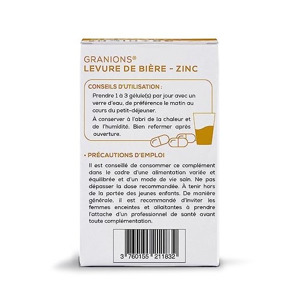 Levure de bière GRANIONS | Complement alimentaire beauté | Levure de biere 1500mg avec Zinc | Beauté de la peau, pousse cheve