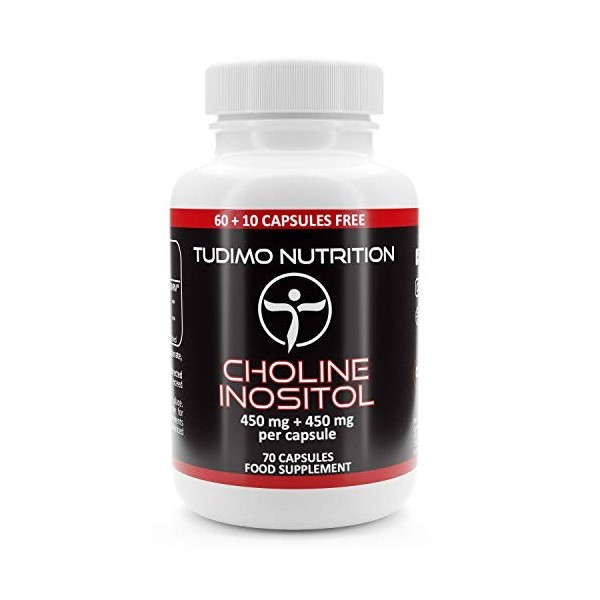 Choline et Inositol 900mg 450 mg + 450 mg - 70 Capsules 2+ mois à Désintégration Rapide, Chacune avec 450mg Bitartrate de
