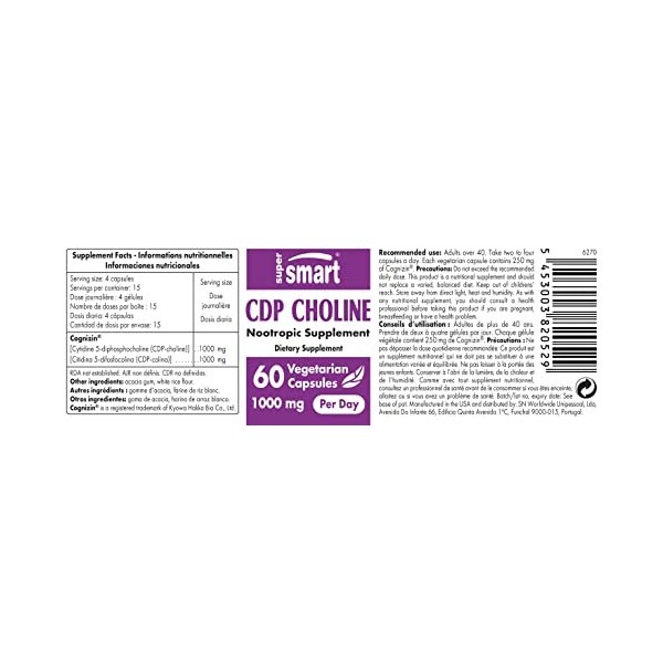 CDP Choline 1000 mg par jour Cognizin® - Aide au Fonctionnement Normal du Système Nerveux - Choline Brevetée - Formule à la