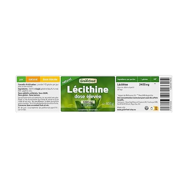 Greenfood Lécithine, 1200 mg, 240 gélules, doses élevées - SANS additifs artificiels. Sans génie génétique. Gélules softgel.