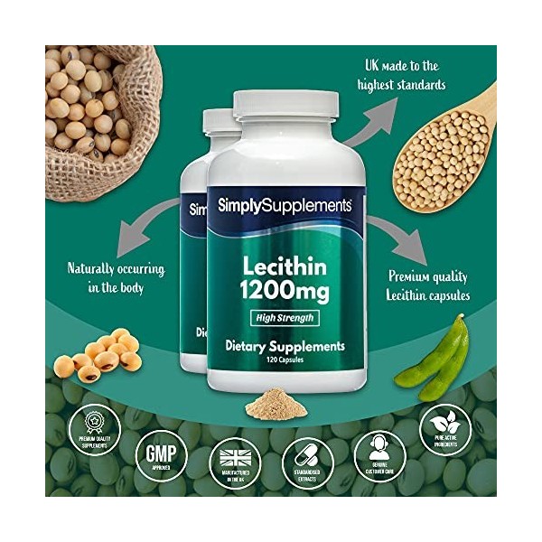 Lecithine 1200mg |Extrait de Graines de Soja non Génétiquement Modifiées | 240 Gelules | Jusqu’à 8 mois de Bienfaits | Simply