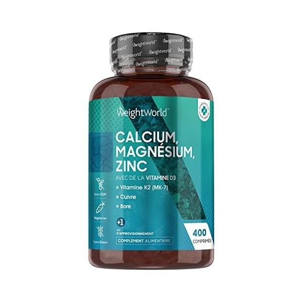 Calcium Magnésium Zinc & Vitamine D3-400 Comprimés, 500mg Calcium, Complexe Vitamines et Minéraux, Vitamine K2 MK7 , Cuivre,