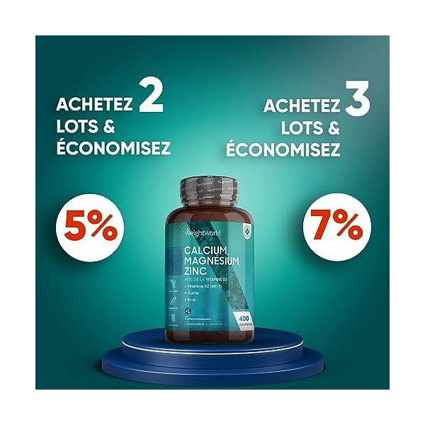 Calcium Magnésium Zinc & Vitamine D3-400 Comprimés, 500mg Calcium, Complexe Vitamines et Minéraux, Vitamine K2 MK7 , Cuivre,