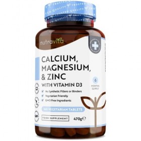 Calcium, magnésium, zinc enrichi en vitamine D3 - Supplément de haute résistance | 365 comprimés végétariens | Offre de 6 moi