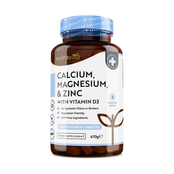 Calcium, magnésium, zinc enrichi en vitamine D3 - Supplément de haute résistance | 365 comprimés végétariens | Offre de 6 moi