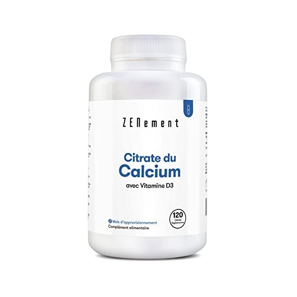 Citrate de Calcium, avec Vitamine D3, 120 Gélules | Pour une bone santé osseuse | Sans additif, Sans Allergène, Sans OGM | Ze