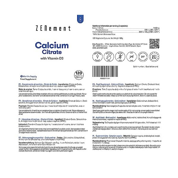 Citrate de Calcium, avec Vitamine D3, 120 Gélules | Pour une bone santé osseuse | Sans additif, Sans Allergène, Sans OGM | Ze