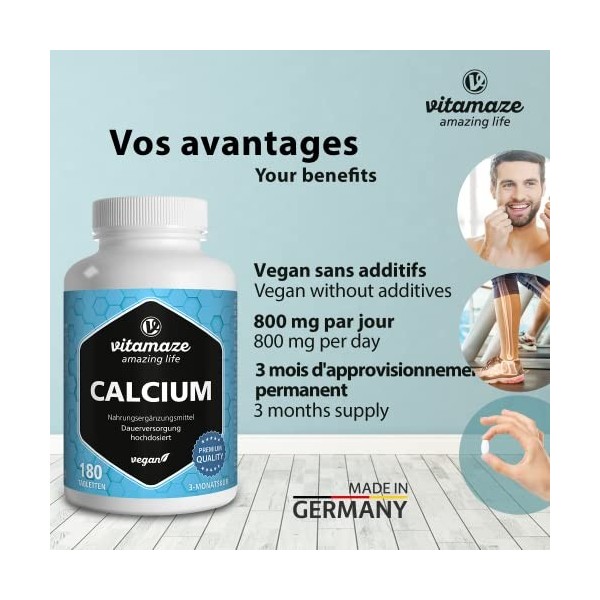 Calcium Carbonate à Forte Dose -180 Comprimés pour 3 Mois - 800 mg de Calcium par Dose Quotidienne - Naturel Complément Alime