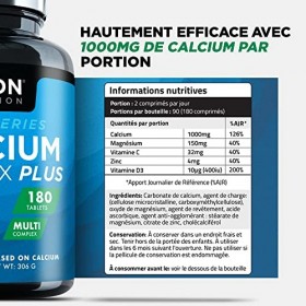 Complément à Base de Calcium et Vitamine D - 180 Comprimés - Complexe de Calcium avec Vitamine D3, Magnésium, Zinc et Vitamin
