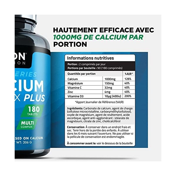 Complément à Base de Calcium et Vitamine D - 180 Comprimés - Complexe de Calcium avec Vitamine D3, Magnésium, Zinc et Vitamin