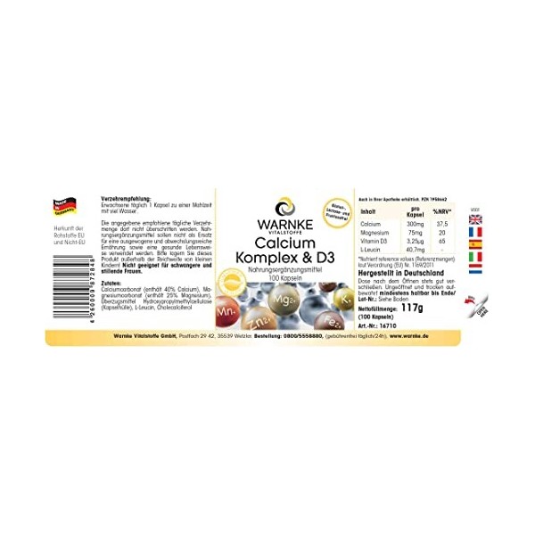 Complexe de Calcium & Vitamine D - avec 300mg de Calcium, 75mg de Magnesium & Vitamine D3 - Végétarien - 100 gélules | Warnke