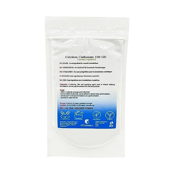 CALCIUM CARBONATE Powder - 100 Gr - utilisé dans les formulations de maquillage minéral et comme abrasif doux pour les produi