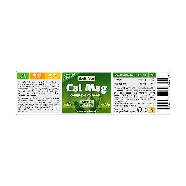 Greenfood Calcium + Magnésium, 510 mg - biodisponibilité la plus élevée, dans le rapport idéal 2:1 calcium/magnésium . SANS 