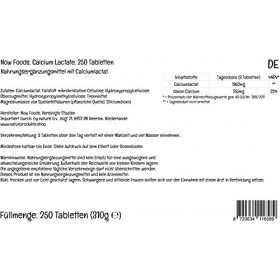 Now Foods, Calcium Lactate Lactate de Calcium , Hautement Dosé, 250 Comprimés végétaliens, Testé en Laboratoire, Sans Gluten