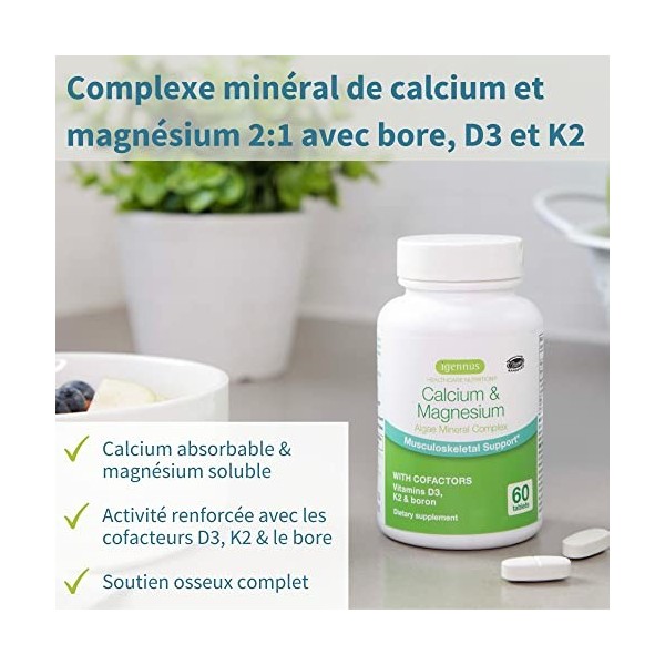 Calcium & Magnésium Vegan – Complexe Minéral à base de plantes pour la santé des os avec Vitamine D3, K2 et Bore, 60 comprimé