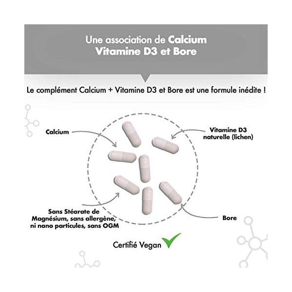 Calcium + Vitamine D3 + K2 | Haute Absorption | Pour les Os - Dents - santé osseuse | 60 Gélules | Vegan | Fabriqué en France