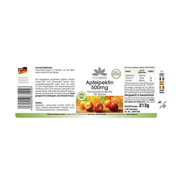 Pectine de Pomme 500mg - 180 comprimés - Calcium | HERBADIREKT by Warnke Vitalstoffe